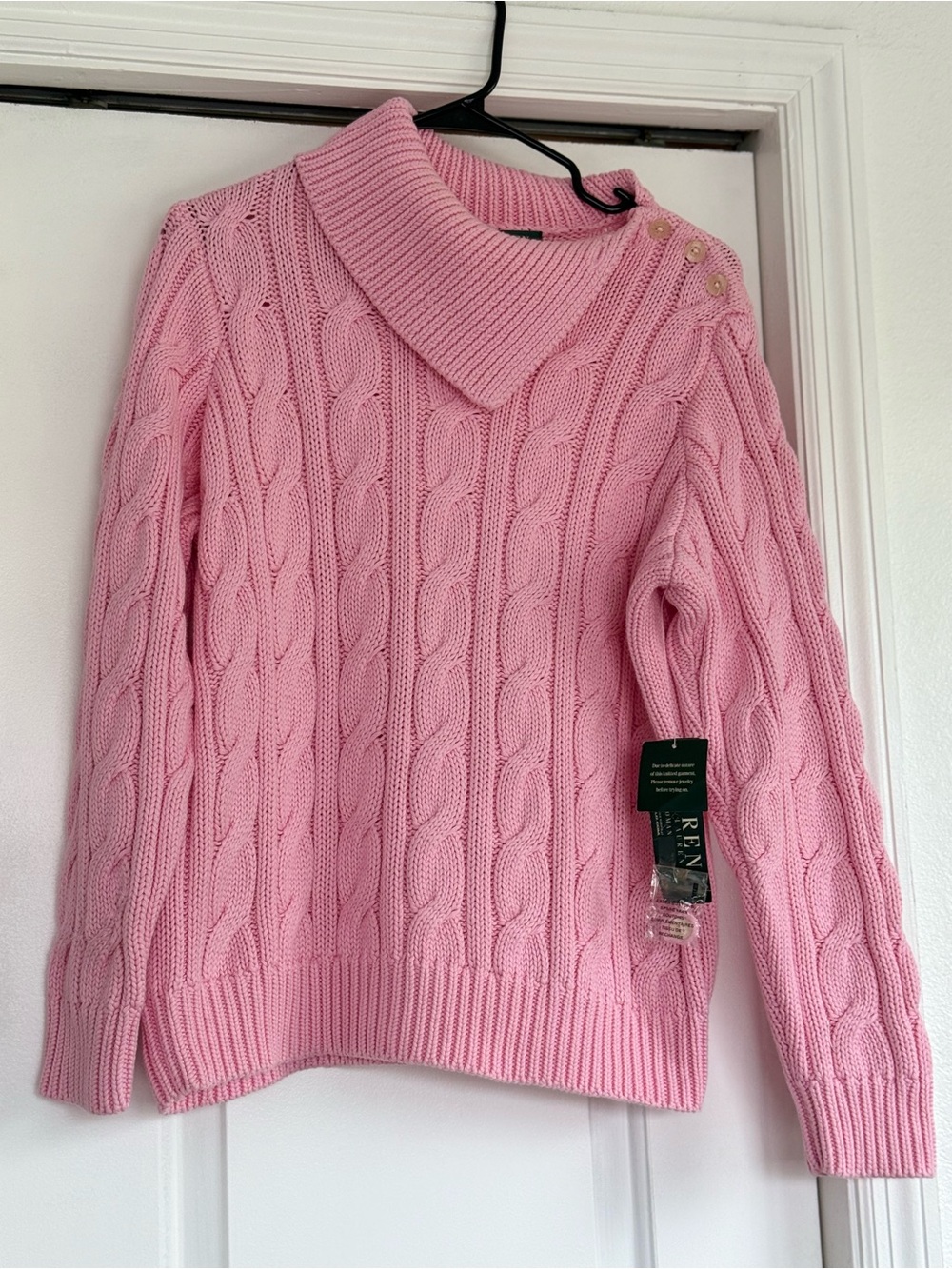 Lauren Ralph Lauren Pink Cable-Knit Turtleneck Sweater with Shoulder Buttons